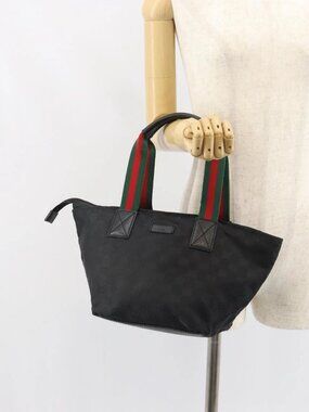GUCCI GG Canvas Web Sherry Line Hand Bag Nylon Black Silver 131228 Auth 163273